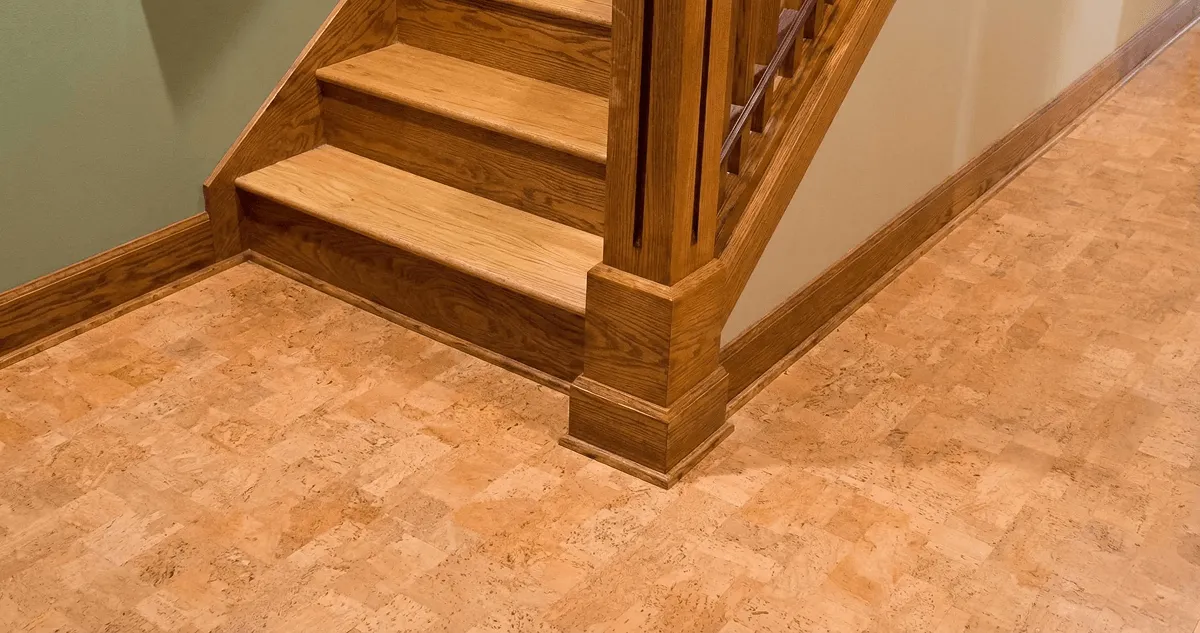 End of a staircase with cork flooring in Marietta, GA